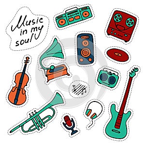 Musical sticker pack. Hand-drawn musical icons. Print icons and digital. Vector