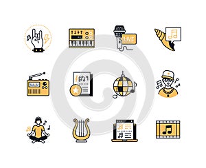 Musical styles and sound - line design style icons set