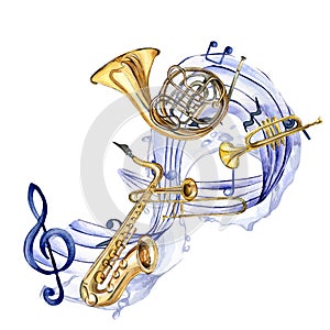 Musical symbols and wind musical instruments watercolor illustration isolated on white.