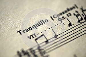 Musical tempo `Tranquillo` in a music book photo