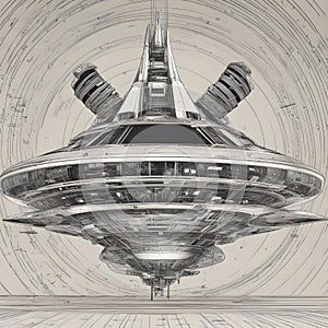 A musical-themed spaceship adorned with soundwaves that seem to vibrate and resonate in perfect harmony as it glides through space