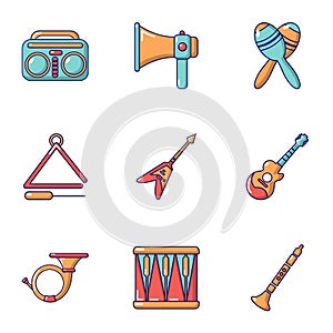 Musical training icons set, cartoon style