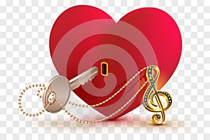 Musical treble clef key to open love heart lock shape