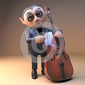 Musical vampire dracula in 3d playing a double bass with great panache, 3d illustration