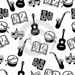 Musical vector background, music accessories seamless pattern.