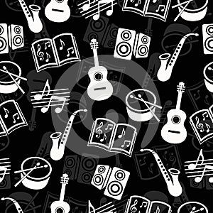 Musical vector background, music accessories seamless pattern