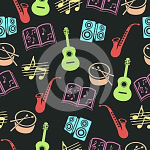 Musical vector background, music accessories seamless pattern.