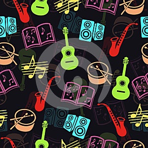 Musical vector background, music accessories seamless pattern.