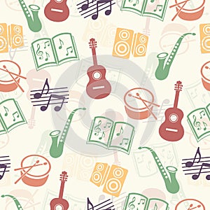 Musical vector background, music accessories seamless pattern