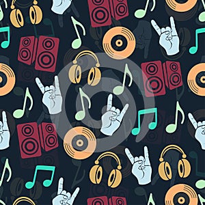 Musical vector background, music accessories seamless pattern.