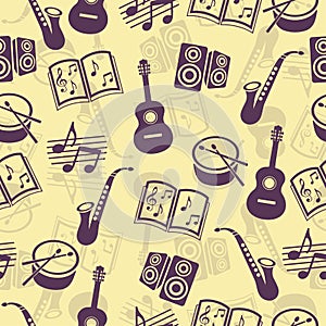 Musical vector background, music accessories seamless pattern