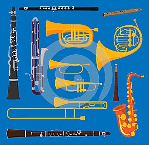 Musical wind air tube brass instruments vector isolated on background blow blare studio acoustic shiny musician brass photo