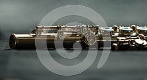 Musical wind instrument brass flute. Close-up.