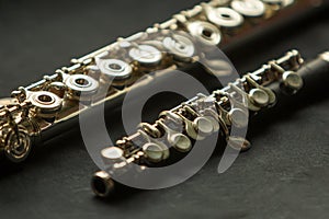 Musical wind instrument piccolo flute and brass flute.