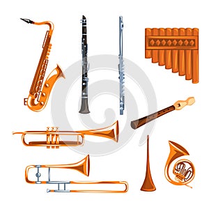 Musical wind instruments set, saxophone, clarinet, trumpet, trombone, tuba, pan flute vector Illustrations i on a white