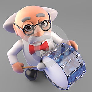Musically minded mad scientist professor playing the drums, 3d illustration
