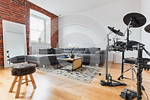 Musican apartment with drums in living room