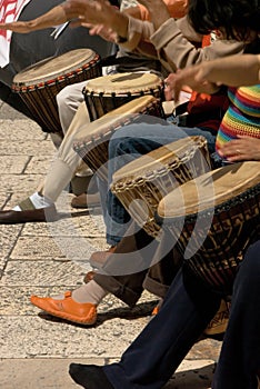 Musicants playing drums during street concert