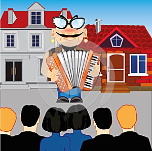 Musician with accordion emerges before spectator on street
