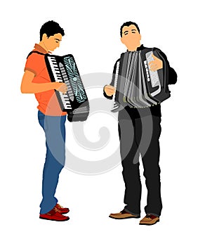 Musician accordion man duet vector Illustration isolated on white background. Music event on the public. Street performers duo.
