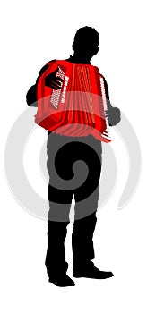 Musician accordion man vector silhouette isolated on white background. Music event on the public. Street performer.