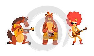 Musician Animals Characters with Musical Instruments Set, Horse, Bear, Lion Playing Balalaika, Drum, Guitar Cartoon