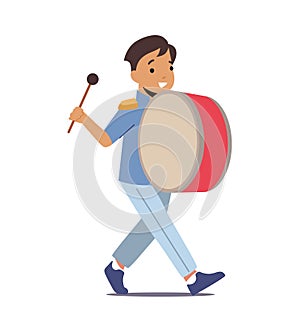 Musician Boy Character Walking With March Playing Drum Isolated On White Background. Military Orchestra Play Instrument