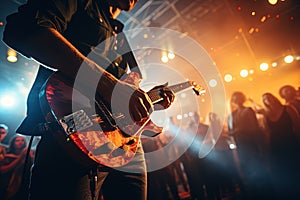 Musician in bright light and smoke surrounded by a crowd with a guitar at a concert