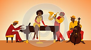Musician. Cartoon jazz band. Persons perform on stage. Woman singing. Men playing acoustic music with double bass