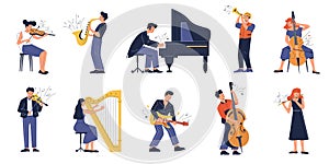 Musician. Cartoon people playing on musical instruments, jazz and symphony orchestral musicians performance. Vector photo