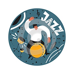 The musician with the drums. Jazz drummer with a drum kit