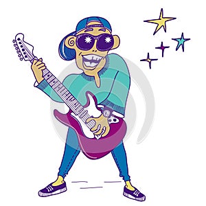 Musician with electric guitar. Concert of rock music. Man with guitar standing on scene vector color hand drawn illustration