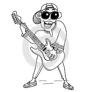 Musician with electric guitar. Concert of rock music. Singer with guitar standing on scene vector hand drawn illustration of music