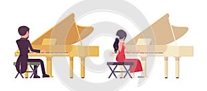 Musician, elegant man, woman playing professional grand piano instrument