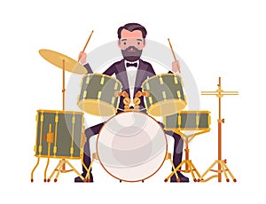 Musician, elegant tuxedo man playing professional drum instruments, percussion set
