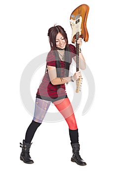 Musician girl electric guitar breaks