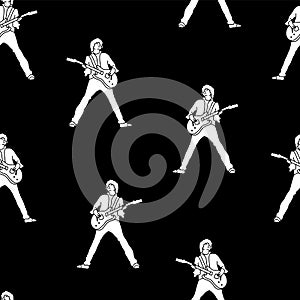 Musician Guitar player silhouettes. Vector seamless pattern illustration. White silhouettes on a black background. Great for paper