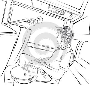 Musician with guitar rides the bus