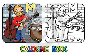 Musician or guitarist coloring book. Alphabet M