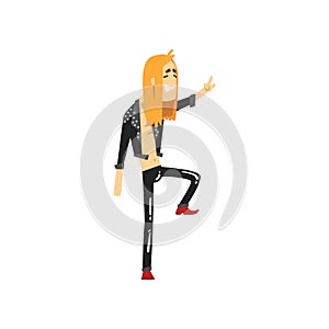 Musician guy with long hair showing rock sign. Member of metal band. Cartoon young man character dressed in black