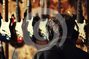 musician with headphones, electric guitars hanging indistinct