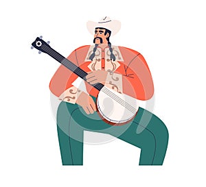 Musician holding banjo. Country music performer portrait with ethnic string instrument. Mexican man player in hat