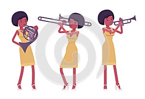 Musician, jazz, rock and roll african woman playing wind instruments