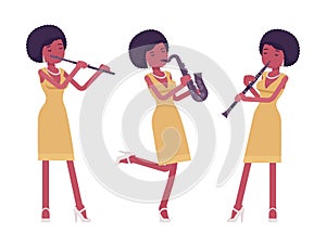 Musician, jazz, rock and roll african woman playing wind instruments