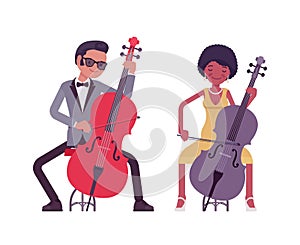 Musician, jazz, rock, roll performer, man, woman playing cello
