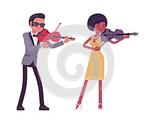 Musician, jazz, rock and roll performers man, woman playing violin