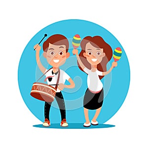 Musician kids making art pefomance. Cartoon character boy and girl with musical instruments