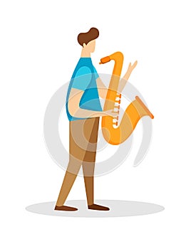 Musician Male Character Playing Saxophone. Soloist