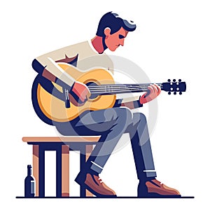 Musician man playing guitar acoustic vector illustration, male guitarist performing music, String instrument player design