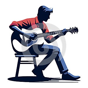 Musician man playing guitar acoustic vector illustration, male guitarist performing music, String instrument player design